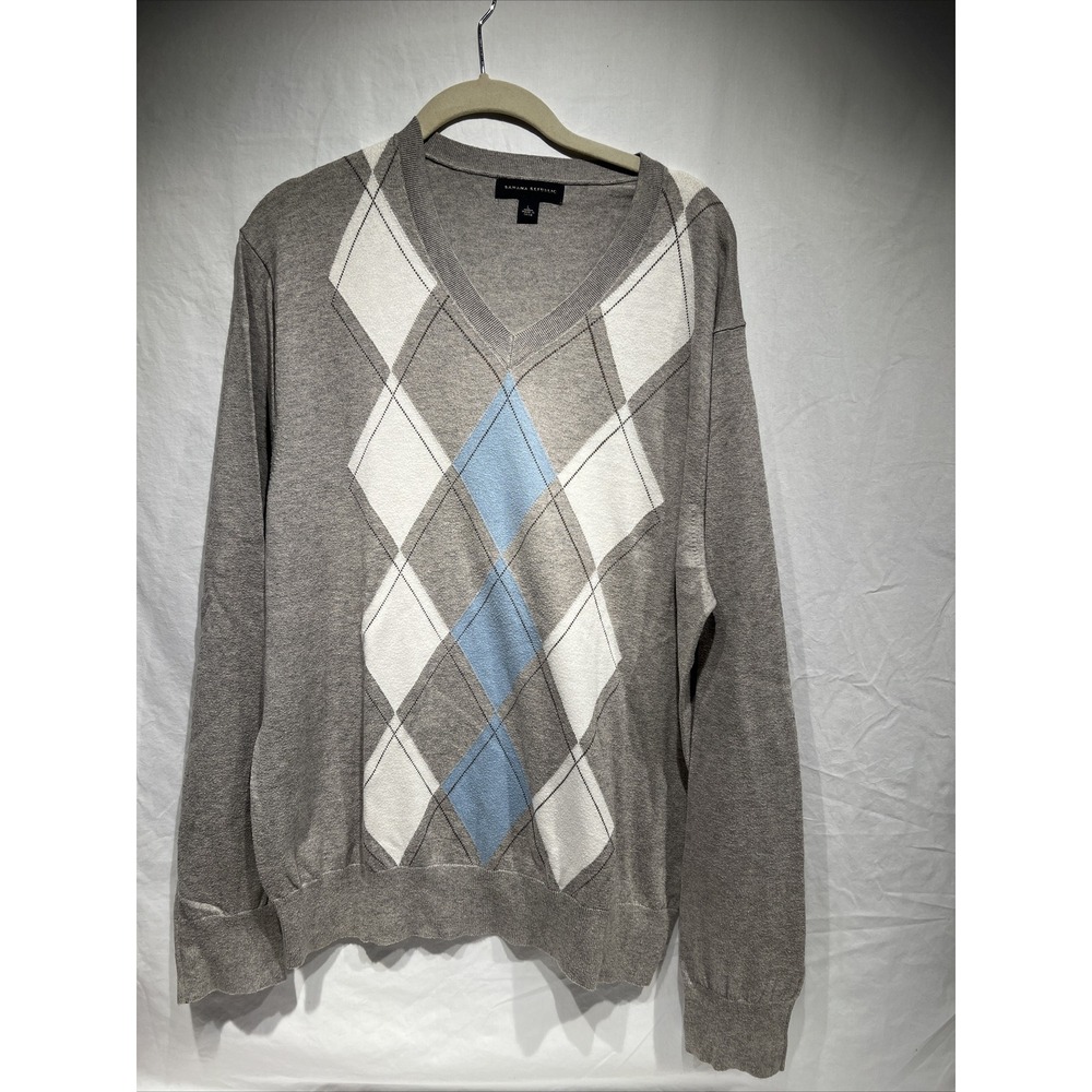 Banana Republic Men's L Sweater Gray Argyle Print Silk Cashmere Cotton Blend